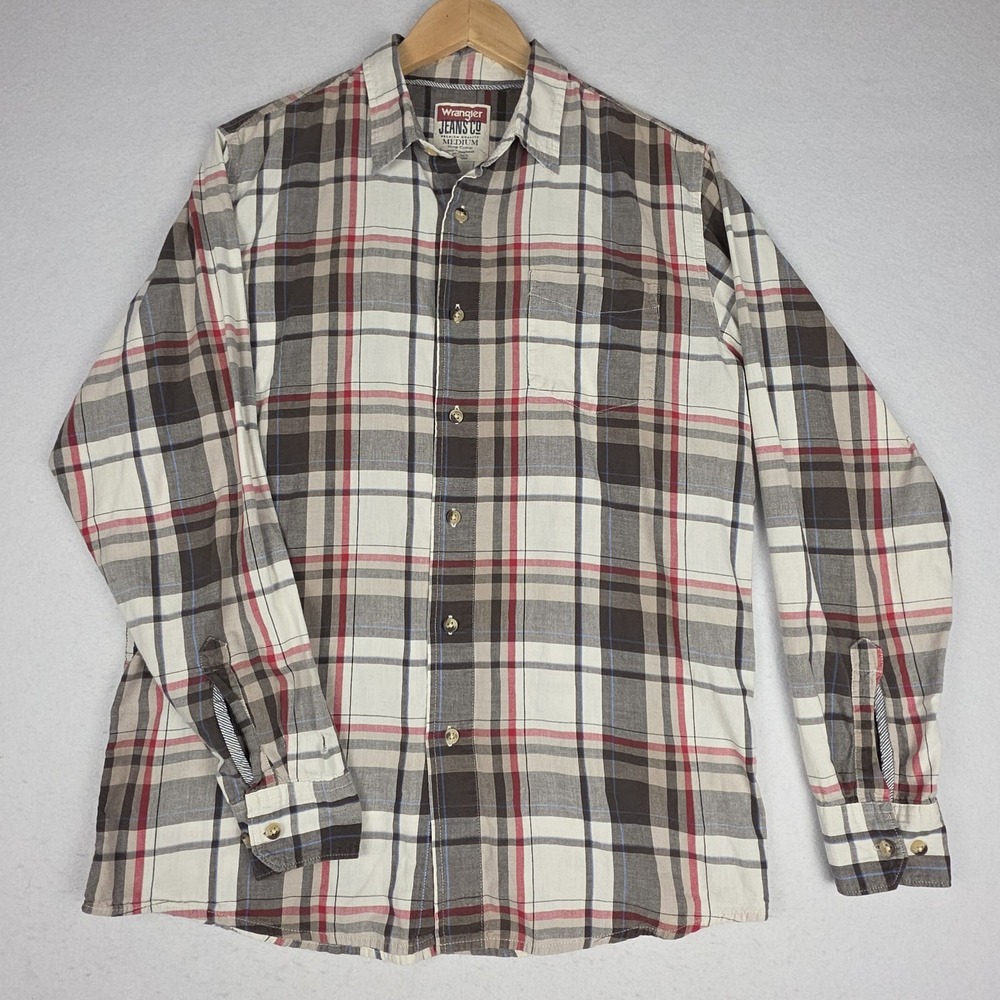 Wrangler‎ Men's Plaid Shirt M Brown Red Button Down 100% Cotton Western Thin - Picture 2 of 16